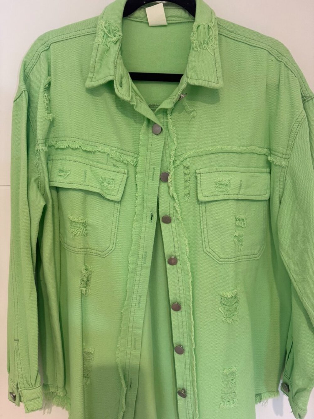Green Distressed Denim Shacket Jacket Oversized Ripped Frayed Hem Sz M